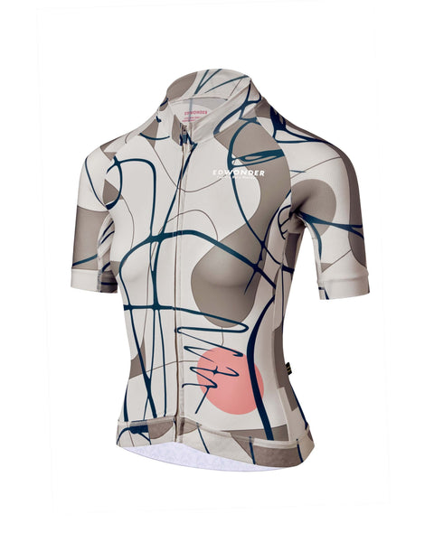Women's Eclectic Jersey in Sand, featuring lightweight fabric, reflective safety, and unique abstract design for cycling comfort.