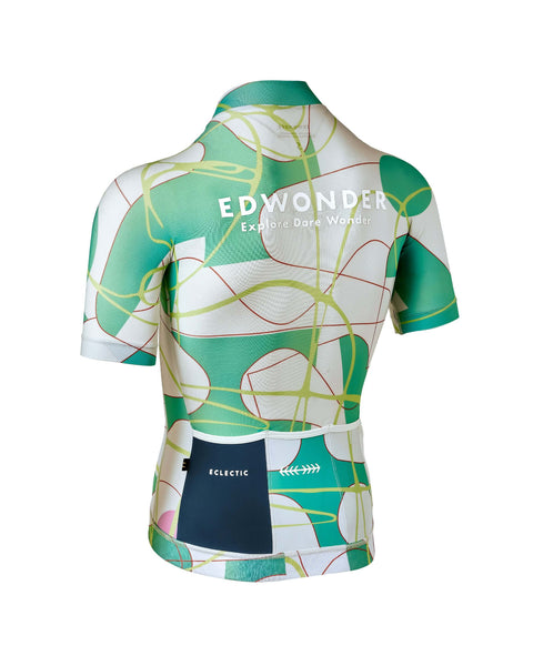 Men's Eclectic Jersey in green with abstract design, featuring lightweight fabric and reflective safety for cycling.