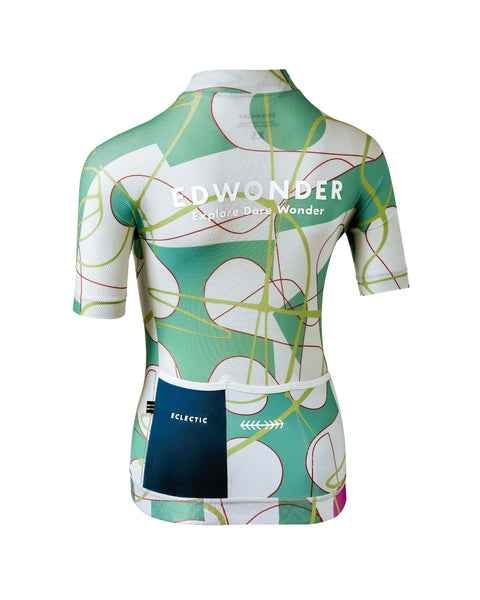 Back view of Women's Eclectic Jersey in Aquatic design, showcasing bold colors and lightweight fabric for cycling.