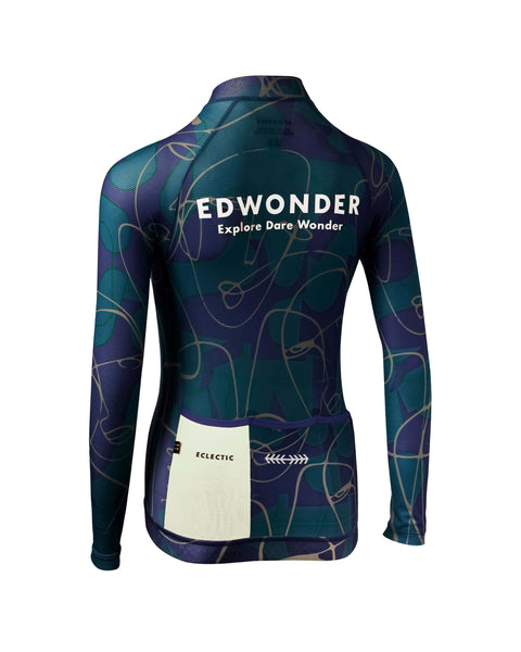 Women's Eclectic Long Sleeve Jersey in blue-green with stylish bold design and reflective details, perfect for cycling.