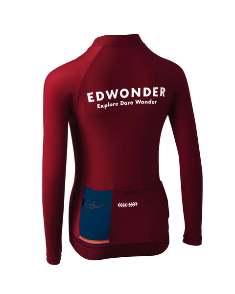 Back view of Women's EdW Edition Long Sleeve Jersey 3.0 in Sangria Red with reinforced pockets and reflective graphics.