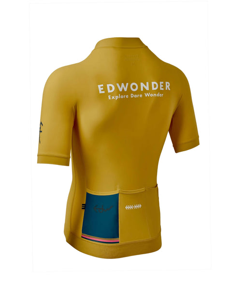 Men's EdW Edition Jersey 3.0 in Reef Gold showcasing reinforced pockets and reflective details.