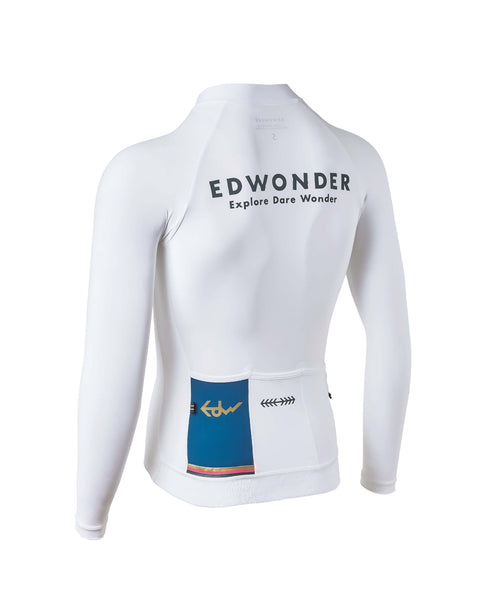 Men's EdW Edition Long Sleeve Jersey 3.0 in white with reflective graphics and reinforced pockets for cycling.