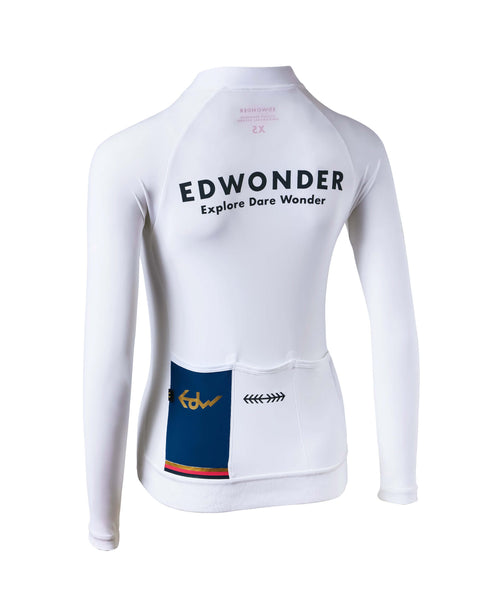 Women's EdW Edition Long Sleeve Jersey 3.0 in white, featuring performance fit and reflective graphics for cycling.