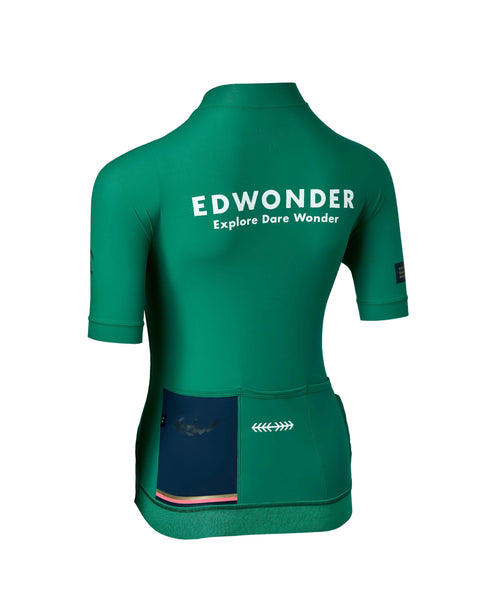 Men's EdW Edition Jersey 2.0 in pine green, featuring a race fit and reinforced pockets for cyclists.