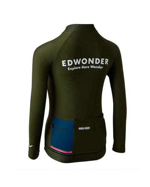 Men's EdW Edition Long Sleeve Jersey 2.0 in Sherwood Green, featuring reinforced pockets and reflective graphics for cycling.