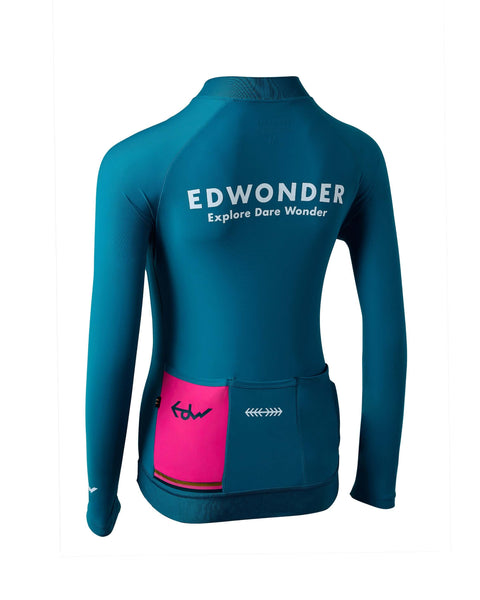 Men's EdW Edition Long Sleeve Jersey 2.0 in teal blue with pink pockets and reflective graphics for cycling.