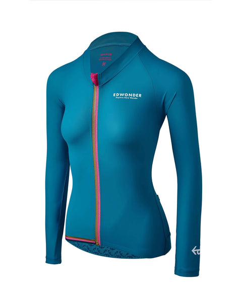 Women's EdW Edition Long Sleeve Jersey 2.0 in Teal Blue, stylish race fit with reflective accents for cycling.