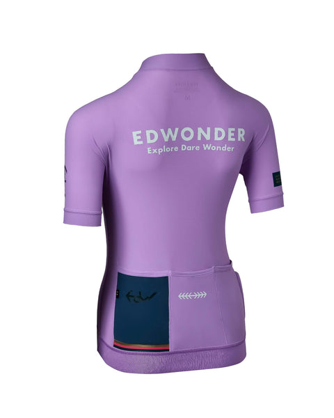 Back view of Women's EdW Edition Jersey 2.0 in Amethyst Violet, featuring reinforced pockets and reflective graphics.