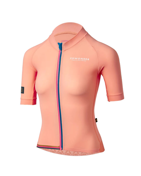 Womens EdW Edition Jersey 3.0 in Porsche Peach, featuring short sleeves and zip closure, ideal for cycling.