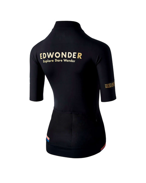 Women's EdW Edition Jersey in black featuring 'Explore Dare Wonder' text and a race fit design.