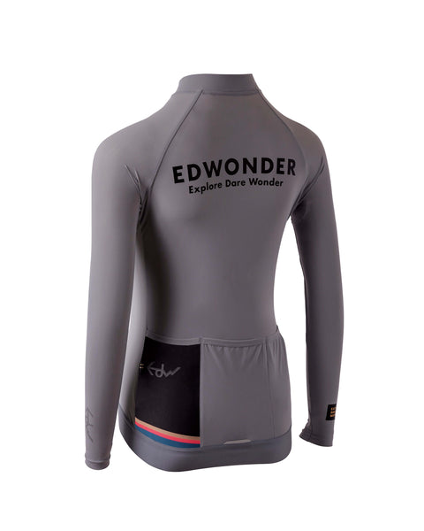 Women's EdW Edition Long Sleeve Jersey in Steel Gray, showcasing sleek design and reinforced pockets.