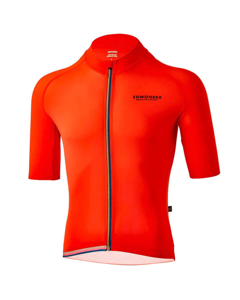 Men's EdW Edition Jersey in Cinnabar Orange, featuring a minimalist design and premium techno fabric for cycling.